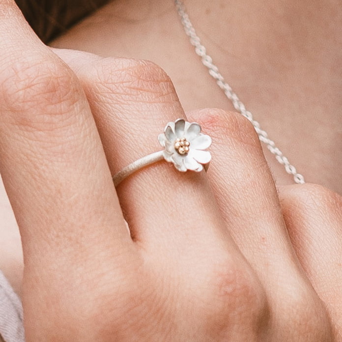 bloc-bouton-or Bague fleur pâquerette en argent artisanale Eclat de pensées